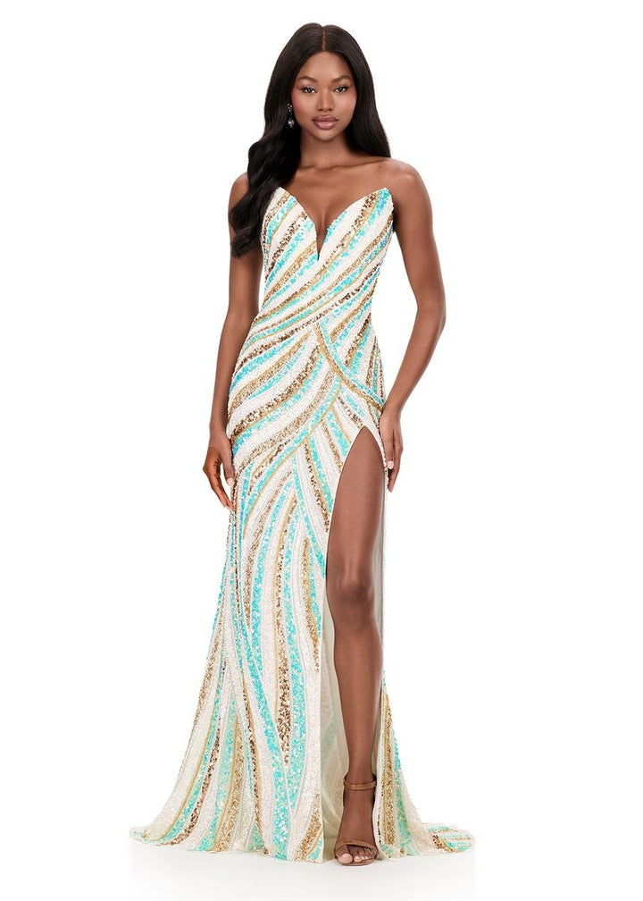 Ashley Lauren 12218 Aqua Ivory Prom Dress