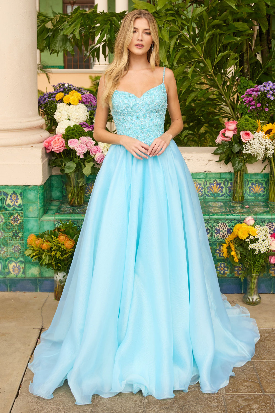 Ava Presley 47242 - Couture Beaded Ballgown with Organza Skirt Long Train