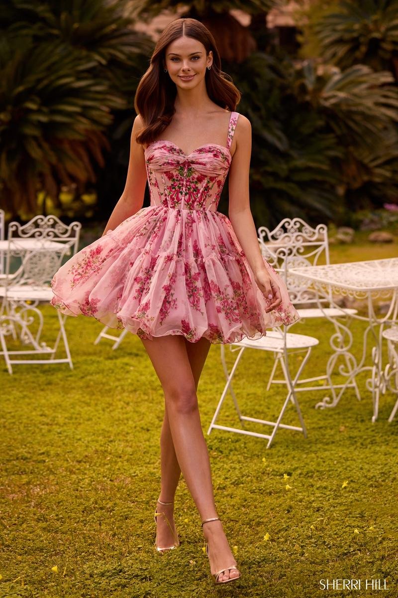 Sherri Hill 57380 Blush Red Print Prom Dress