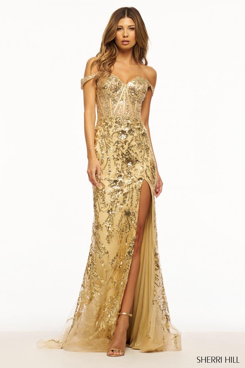 Sherri Hill 56101 Gold Prom Dress