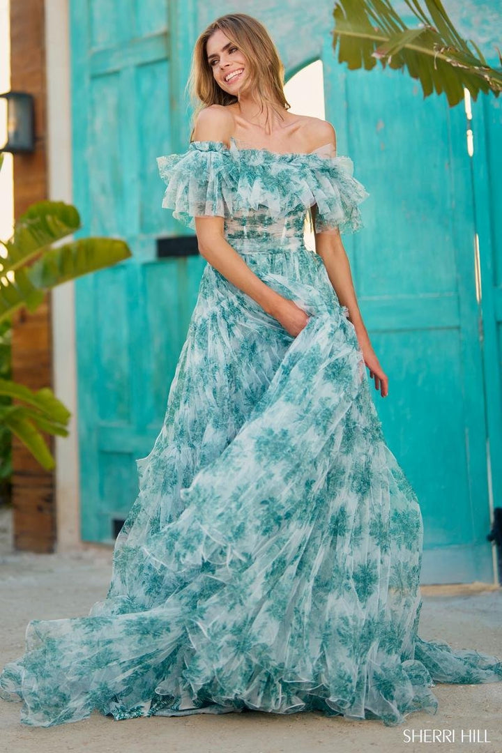 Sherri Hill 56128 Green Print Prom Dress