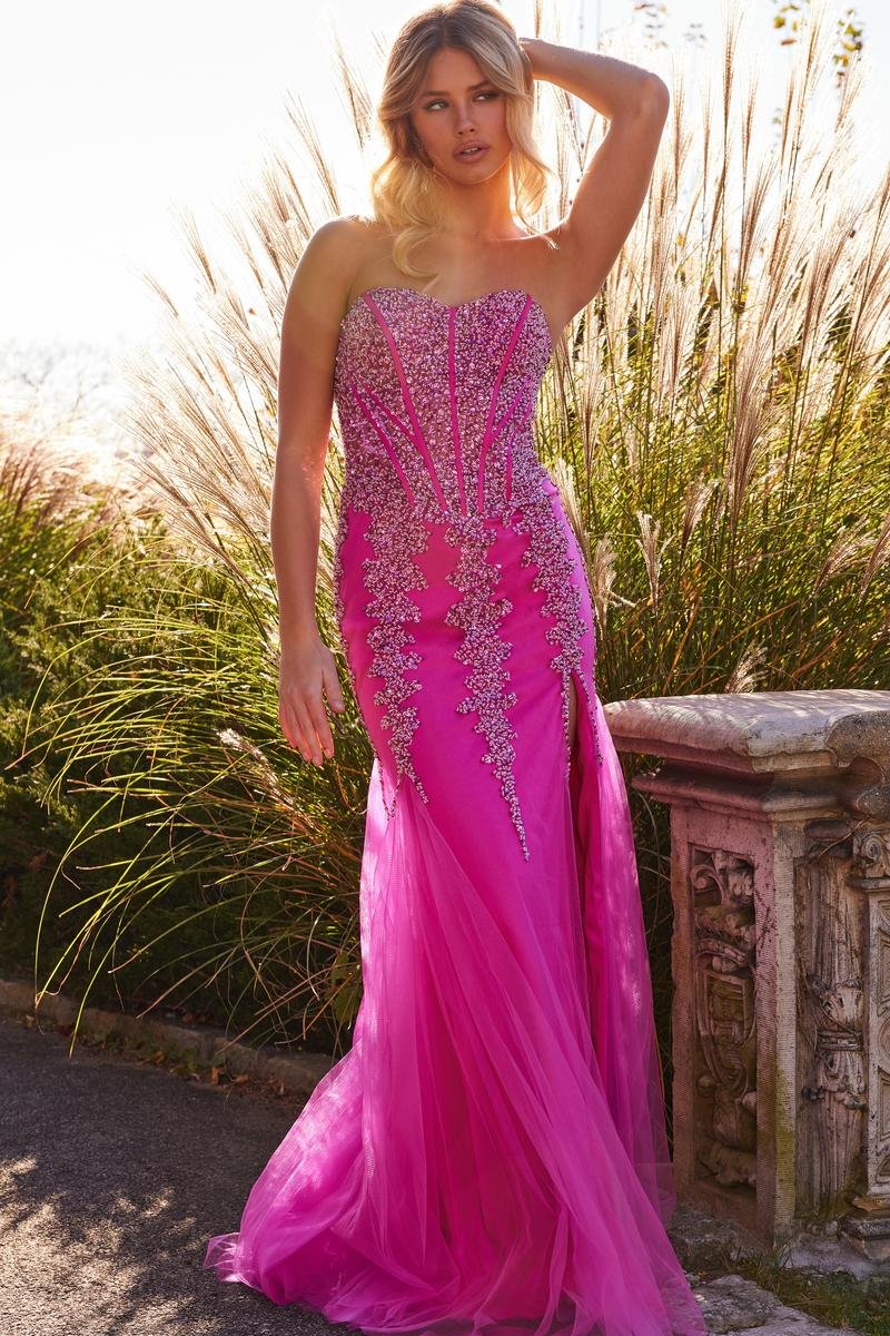 Jovani 22538 Hot Pink Silver Prom Dress