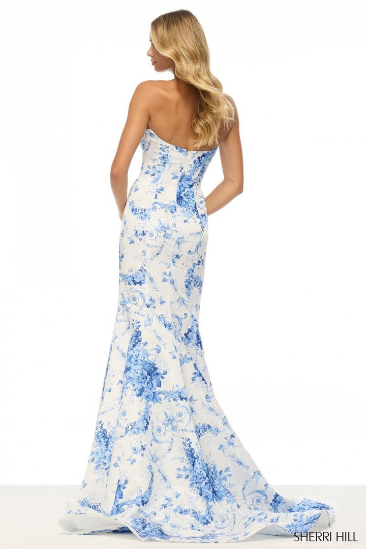 Sherri Hill 57577 Ivory Blue Print Prom Dress