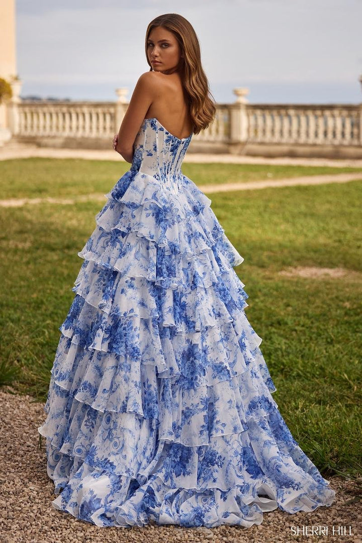 Sherri Hill 57250 Ivory Blue Print Prom Dress