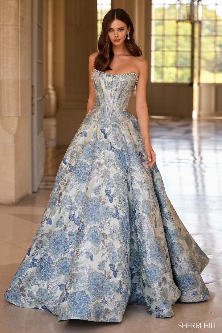 Sherri Hill 57741 Light Blue Print Prom Dress