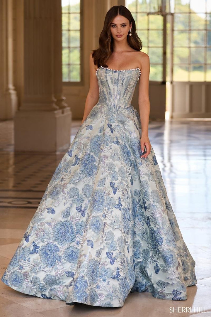 Sherri Hill 57741 Light Blue Print Prom Dress