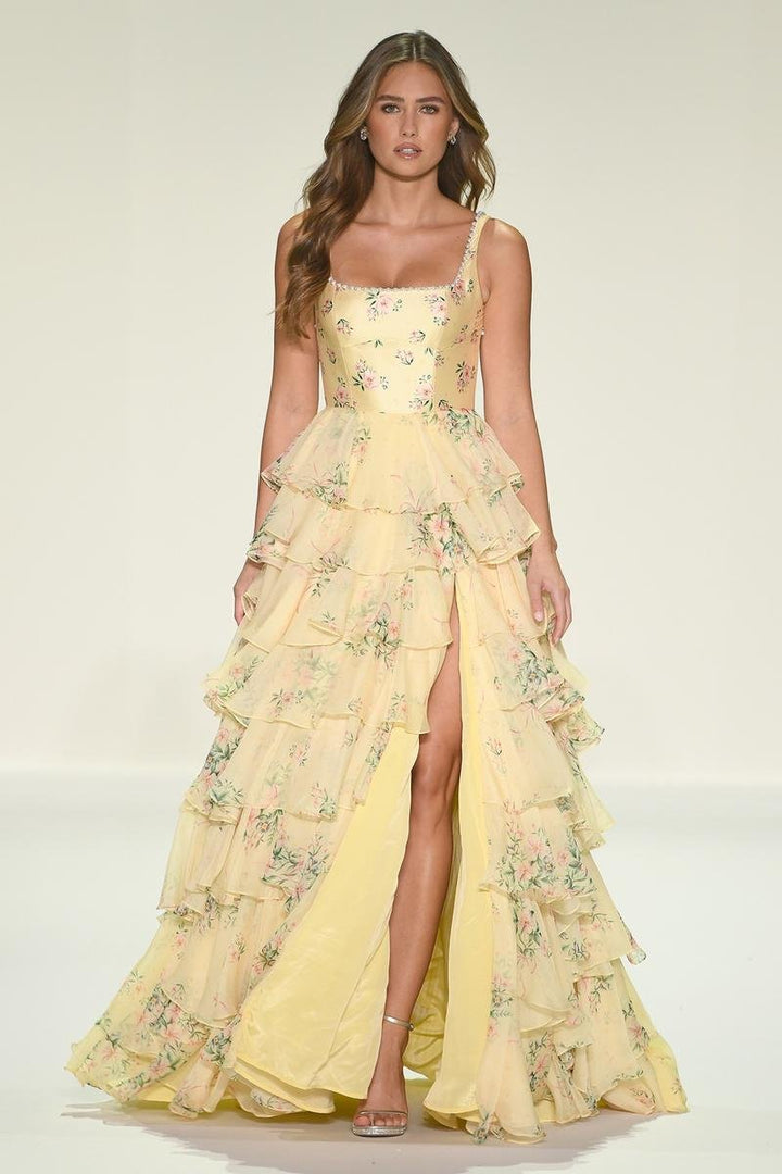 Sherri Hill 57911 Light Yellow Print Prom Dress