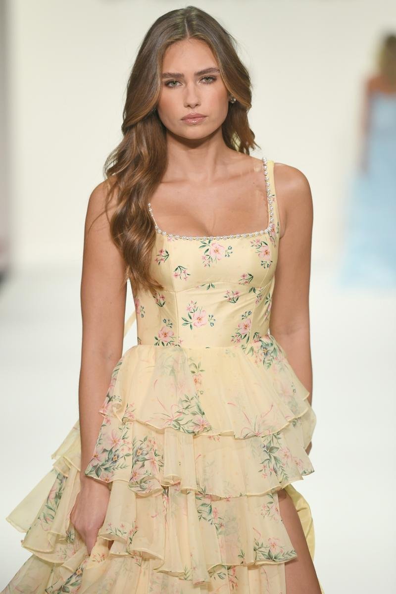 Sherri Hill 57911 Light Yellow Print Prom Dress
